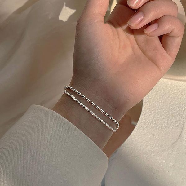 

link, chain 925 sterling silver shiny double-layer bracelet for women oval beads exquisite fashion jewelry, Black
