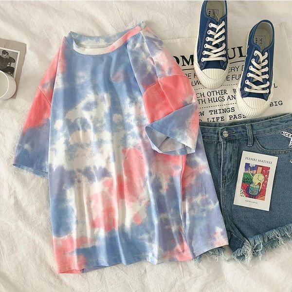 

short sleeve t-shirts women bf loose oversize summer tie dye all-match streetwear hip hop chic ins womens ulzzang vintage women's t-s, White