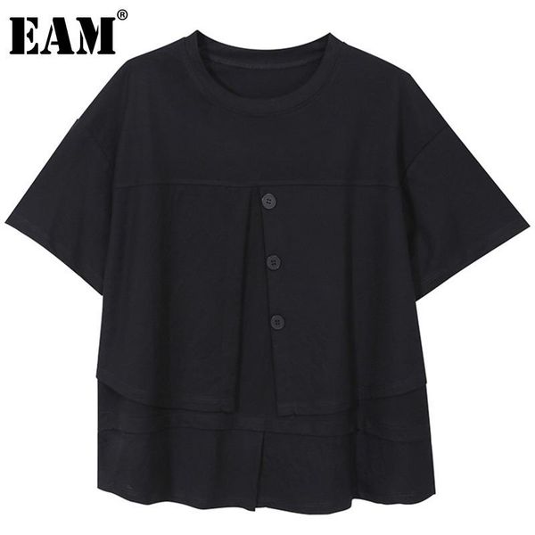 

[eam] women black white big size =single breasted t-shirt loose round neck short sleeve fashion tide summer 2021 1dd6492 women's