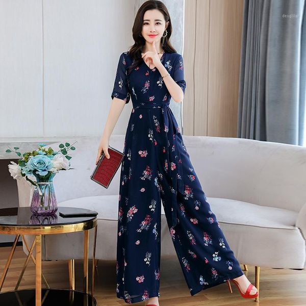 Frauen Overall-spielanzug Frauen Chiffon Sommer Floral Gedruckt Breite Bein Women Rompertjes Elegante Damen V-ausschnitt Overalls Combinaisons