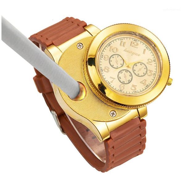 

fashion men's large dial silicone quartz watch cigarette lighter wristwatches, Slivery;brown