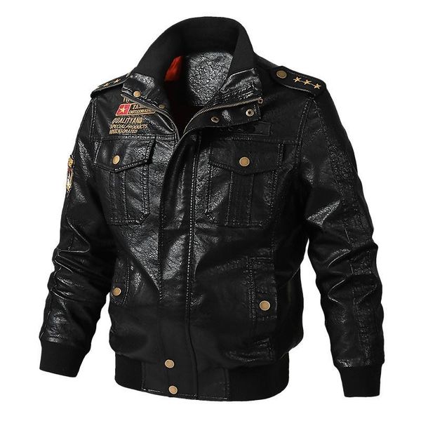 

men's fur & faux men motorcycle pu leather jacket windproof casual outwear military tactical army bomber flight biker windbreaker-d, Black