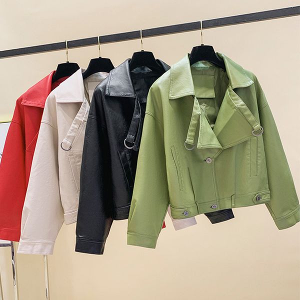 

spring autumm casual faux leather jacket long sleeves women single turn-down collar breasted moto learher coats 210513, Black