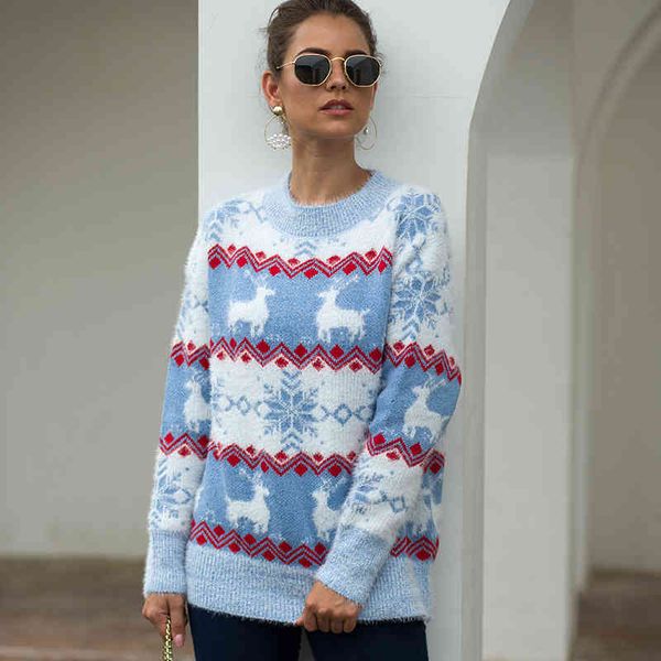 

sweater christmas deer warm pullover long sleeve o neck print knitted winter new fashion women inside sweater, White;black