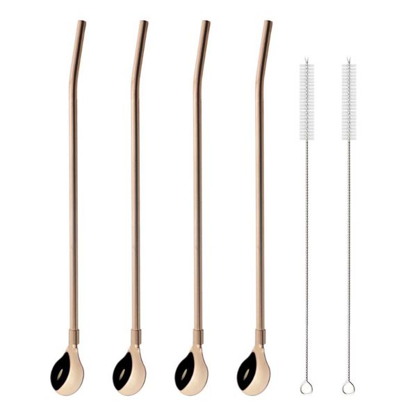 

drinking straws rose straw spoon stainless steel metal reusable with cleaner brush party milk bar stirring accessory