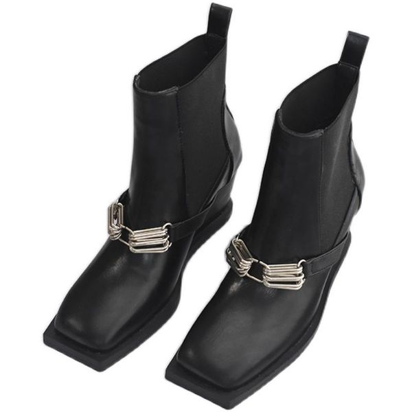 

boots deat 2021 autumn and winter fashion casual square head slope heel black leather single short woman sg057