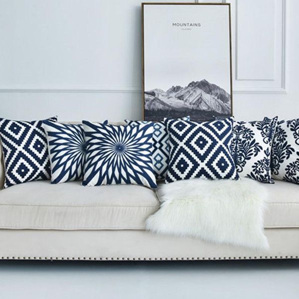 

cushion/decorative pillow home decoration embroidered cushion cover navy blue / white geometric floral canvas cotton square pillowcase 45x45