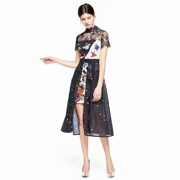 

dress summer runway fashion ladies holiday stylish black elegant vintage lace ragged impression dresses, Black;gray