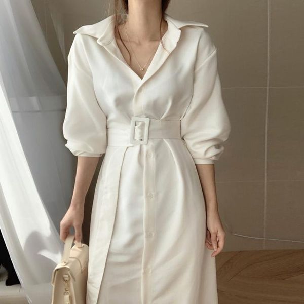 

casual dresses leiouna loose solid turn-down belt women dress 2021 fashion spring summer korean shirt ladies elegant with clothes, Black;gray