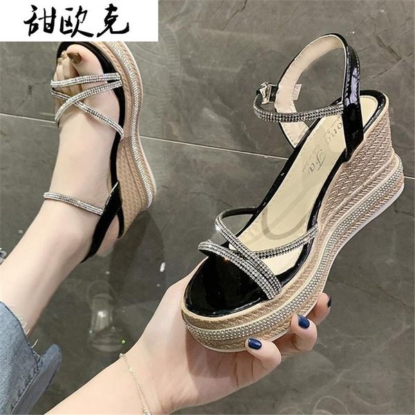 

women's sandals summer rhinestone wedges fashion buckle open toe high heel shoes for woman platform dress, Black