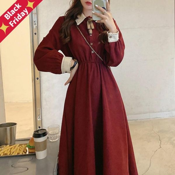 

fairy vintage dress women autumn long sleeve retro french elegant female casual party one-piece korean 2021 winter dresses, Black;gray