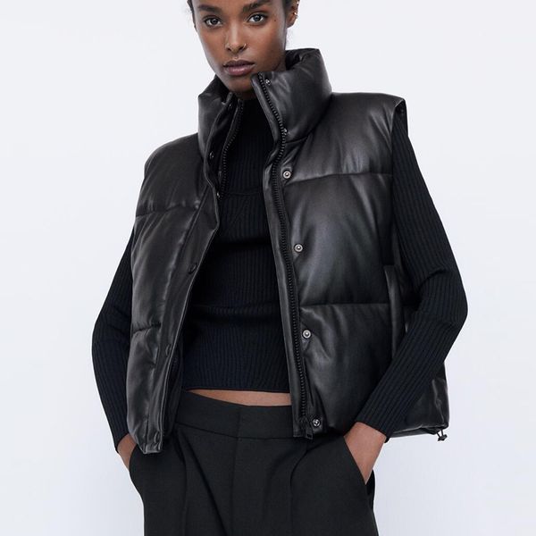 

new autumn winter za faux leather vest women fashion zipper sleeveless coat female casual short cold outwear ladies, Black;white