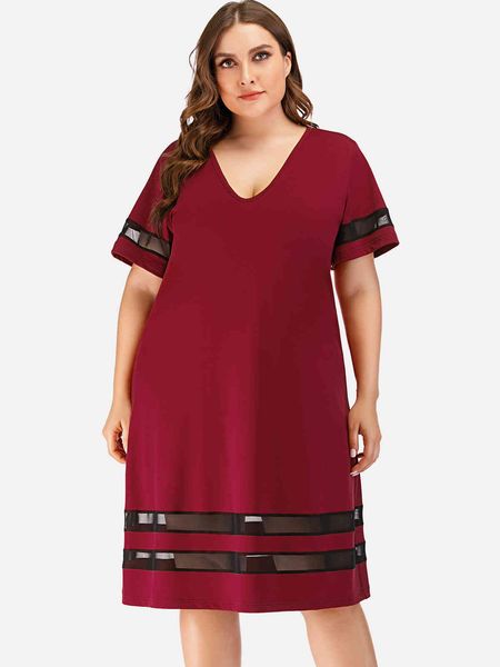 

women's plus size hy863026 loose solid color patchwork casual v-ne skirt