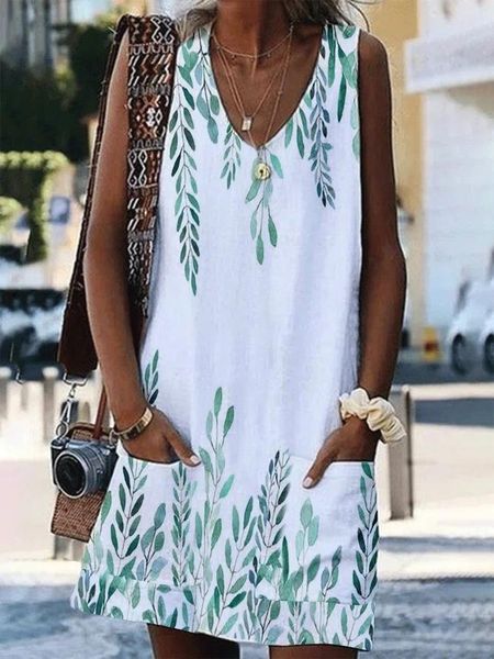 

casual dresses 2021 women fashion clothing plant printing fresh gentle dress pocket a-line loose sleeveless ladies pullover, Black;gray