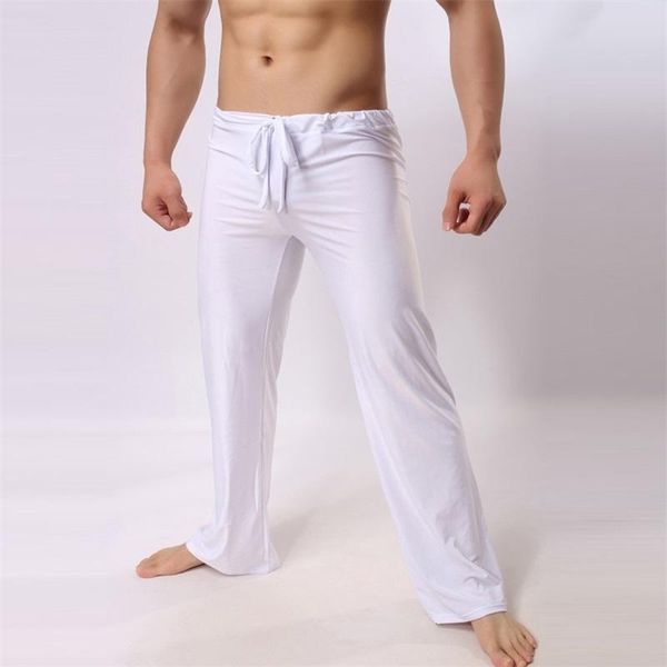 

men's sleepwear fitness tai chi ice silk thin pants pajama solid color sleep bottoms drawstring home loose casual plus size trousers, Black;brown