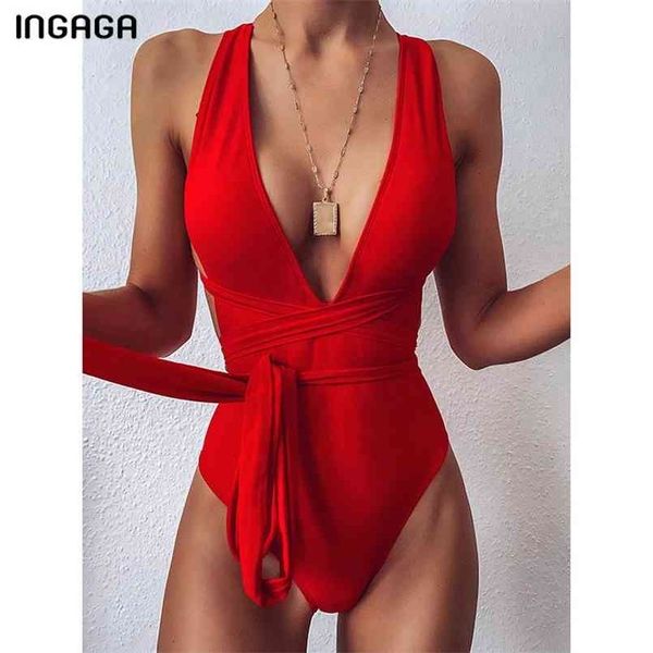 

ingaga plunging swimsuit high cut swimwear women cross bandage beachwear summer backless bathing suit 210630, White;black