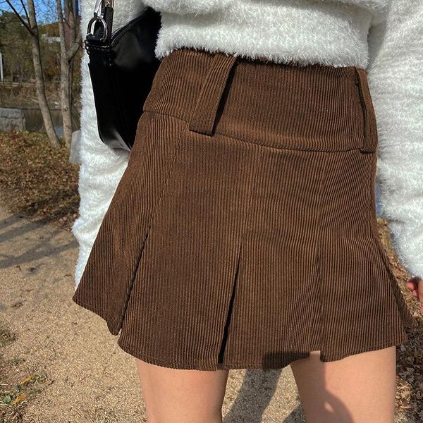 

skirts women's fashion solid color corduroy pleated short skirt, Black