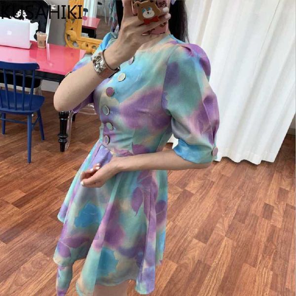

fashion tie dye women dress irregular slim high waist vestidos femme korean chic short sleeve o-neck dresses 6g353 210603, Black;gray