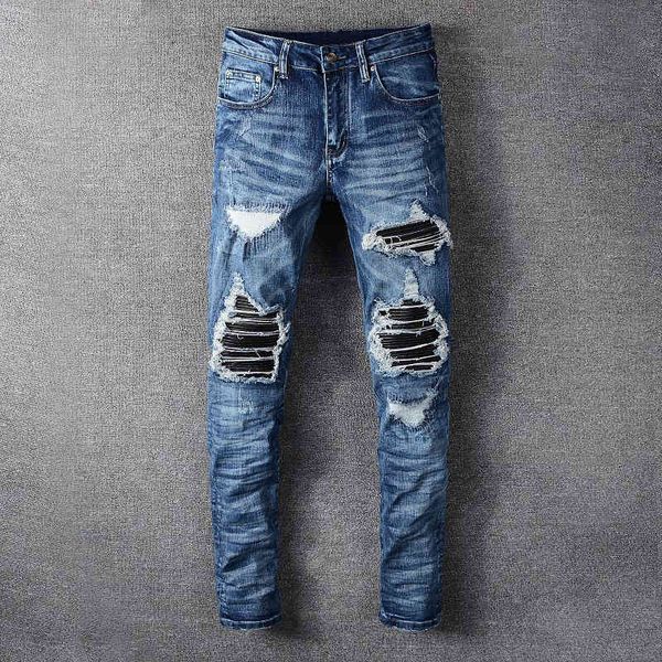 

jeans fashion streetwear brand designer destroyed ripped men denim punk pants elastic hip hop skinny jeans, Blue