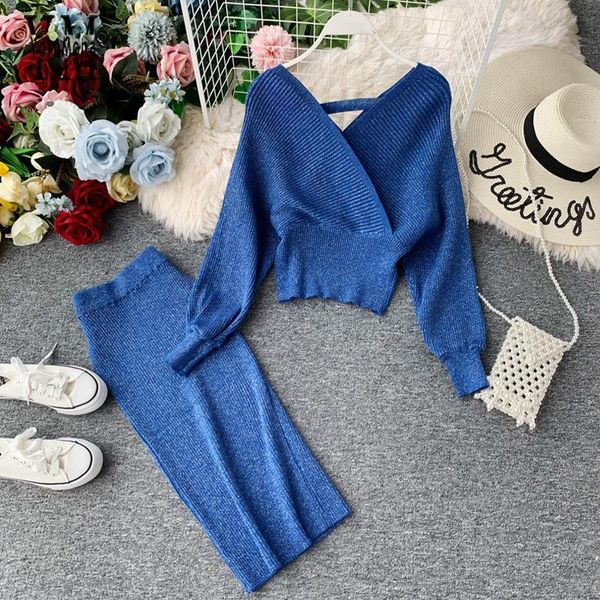 

women dresses good quality two piece solid set shining high waist dress v neck elegant bodycon autumn winter knitted, Black;gray
