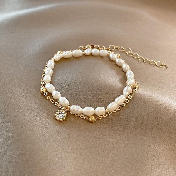 

charm bracelets double layer pearl bracelet female personality design retro temperament high sense zircon, Golden;silver