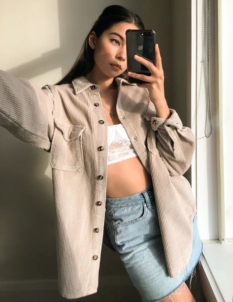 

jacket Casual long sleeve blouse with solid button, Black;brown