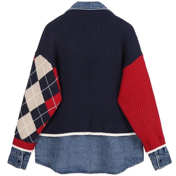 

women's jackets spring women fake 2 pieces denim jacket designer knitting spliced cowgirl coat fashion mixed color loose fit plaid, Black;brown