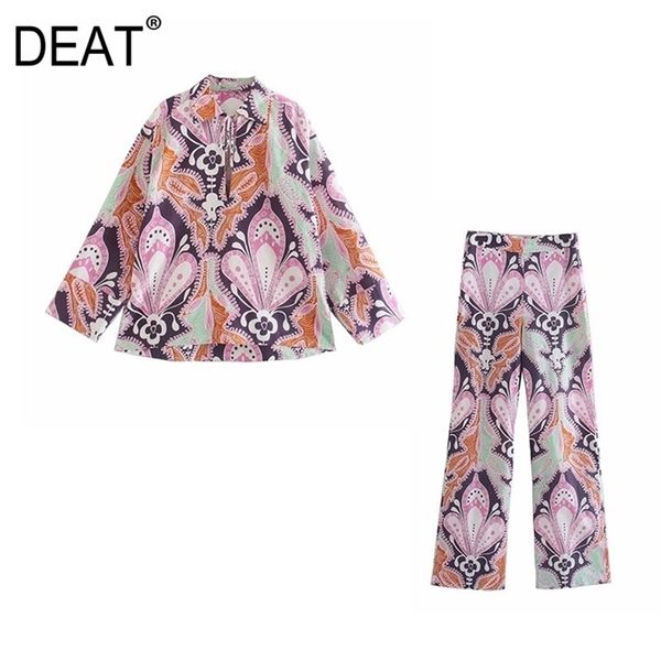 

[deat] summer fashion long sleeve turn-down collar printing shirt high waist wide leg pants two-piece suit 13q241 210527, White