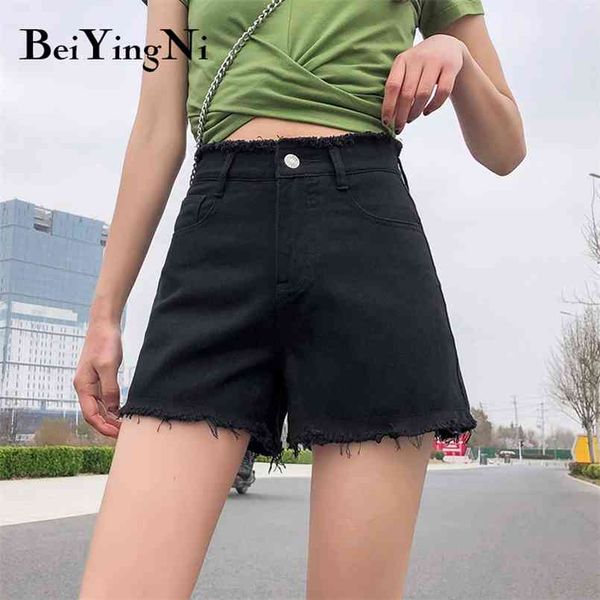 

black denim shorts women tassel kpop style wide pants chic boyfriends streetwear slim oversized short female 210506, Blue