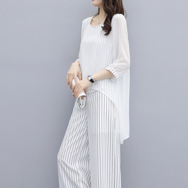 

women's tracksuits 2021 fall fashion women 2 piece blouses and pants sets summer elastic waist stripes chiffon wide leg set, Gray