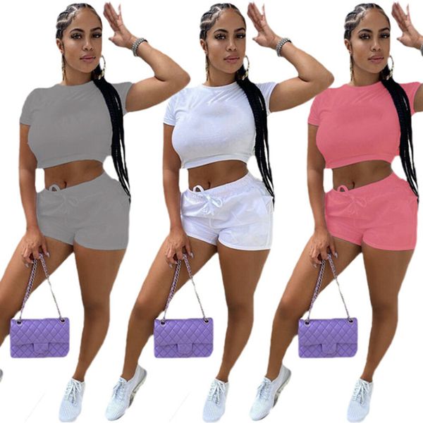

summer women two pieces sets jogger suits short sleeve tracksuits t-shirts crop shorts 2 piece set plus size 2xl outfits black casual sports, Gray