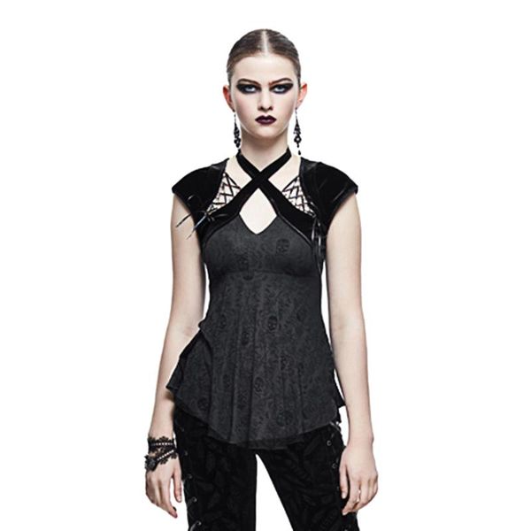 

women's t-shirt gothic women slim tee shirt steampunk short sleeve skull printed lace-up halter casual, White