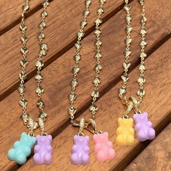 

chains multicolor resin bear zircon pendant necklace for women korean girls creative design heart metal chain choker jewelry, Silver