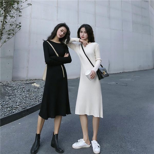 

casual dresses korean version a-line o-neck dress female 2021 autumn solid slim long-sleeve knit women's knee-length vestidos, Black;gray
