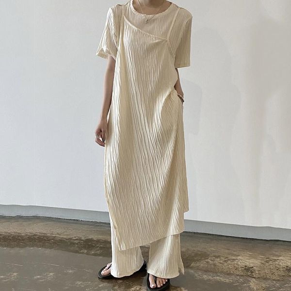 

women's tracksuits 2021 summer casual trendy women o neck fake two-piece split short-sleeved fashion high-waist trousers set, Gray