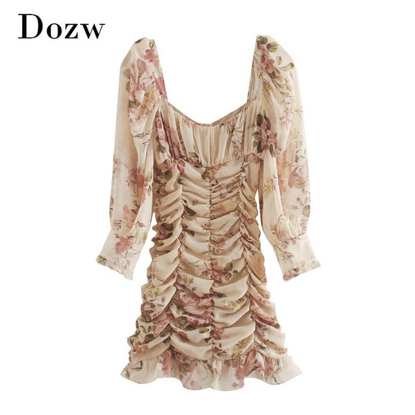 

women puff long sleeve floral print chiffon dress summer autumn pleated bodycon party dress square neck mini dress 210414, Black;gray