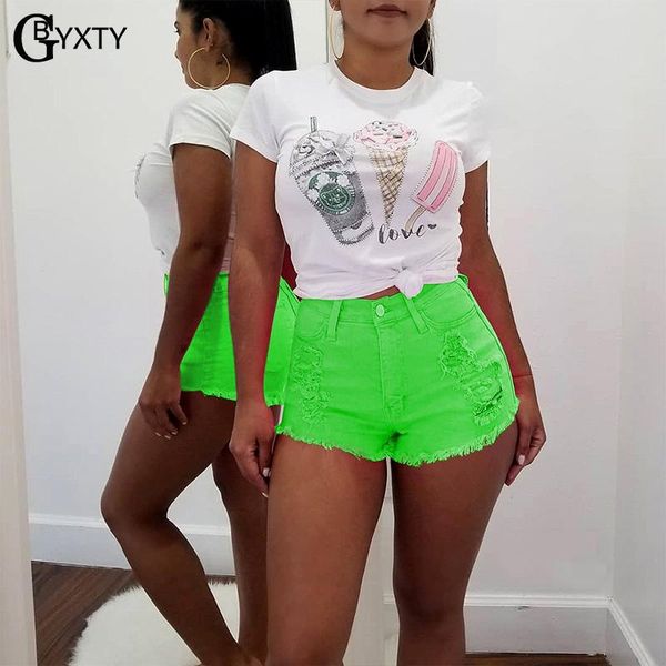 

women's shorts gbyxty short mujer verano neon color jean high waist ripped holes denim 2021 summer women skinny zl273, White;black