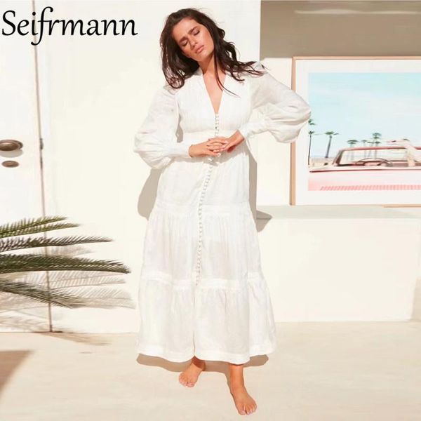 

casual dresses seifrmann 2021 autumn women fashion designer party a-line dress lantern sleeve single breasted white printed long, Black;gray