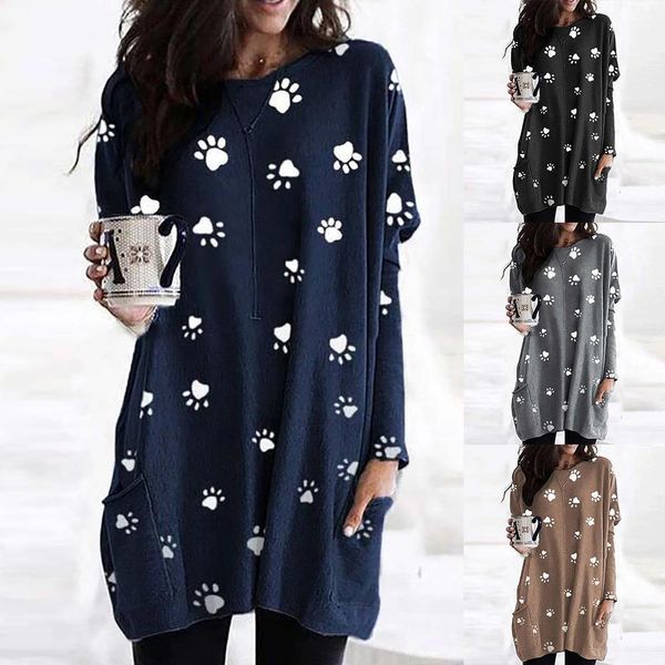 

women polka dot casual shirts autumn o neck paw print pockets tunic long blouse pullover, White
