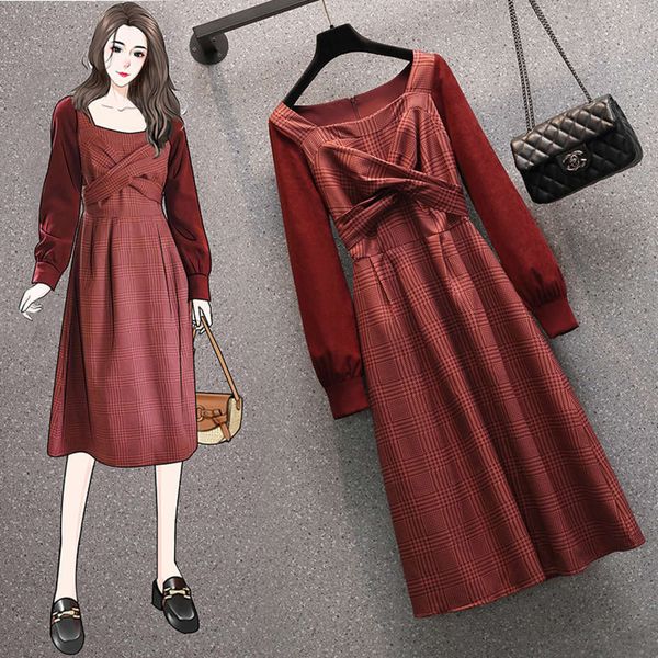 

casual dresses dress french square collar large size women's fat sister waist slim age reducing belly covering skirt 8wfv, Black;gray