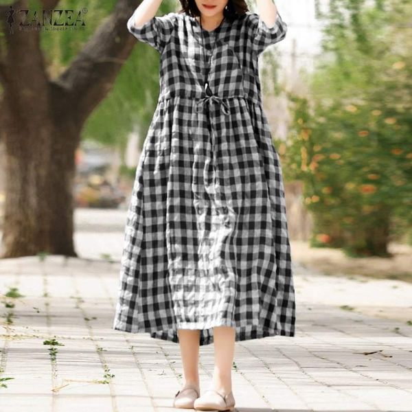 

casual dresses zanzea women retro dress 2021 summer loose midi vestidos plaid drawstring sundress female short sleeve robe oversize, Black;gray