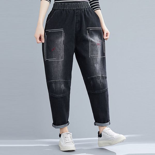 

autumn style arts women's elastic waistline casual loose black jeans vintage embroidery denim harem pants plus size s65, Blue