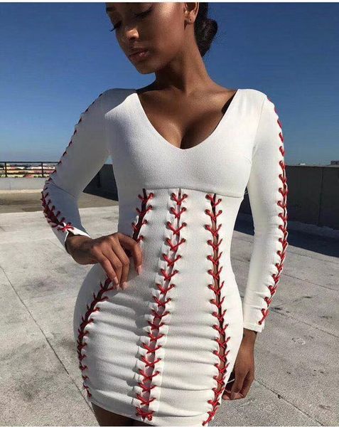 

casual dresses 2021 white long sleeve lace up v bandage dress birthday party celebrity wholesale dropship, Black;gray