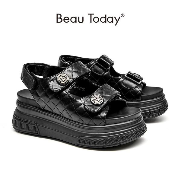 

women chunky sandals synthetic leather sewing hook and loop back strap summer platform female shoes handmade beautoday 38159 dress, Black