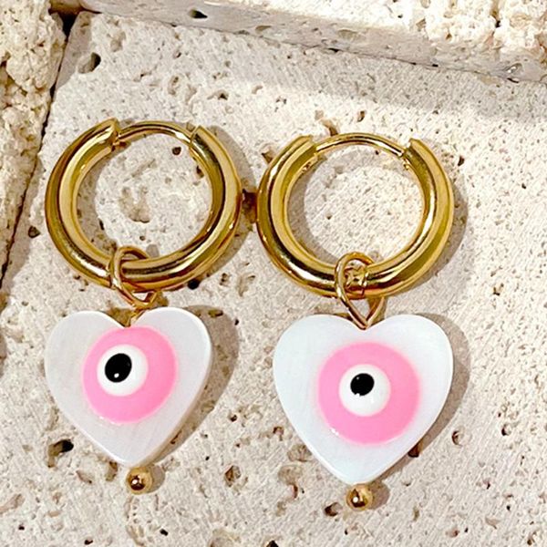 

hoop & huggie pink natural shell heart evil eye stainless steel earrings for women gold color round jewelry 2021 trend, Golden;silver