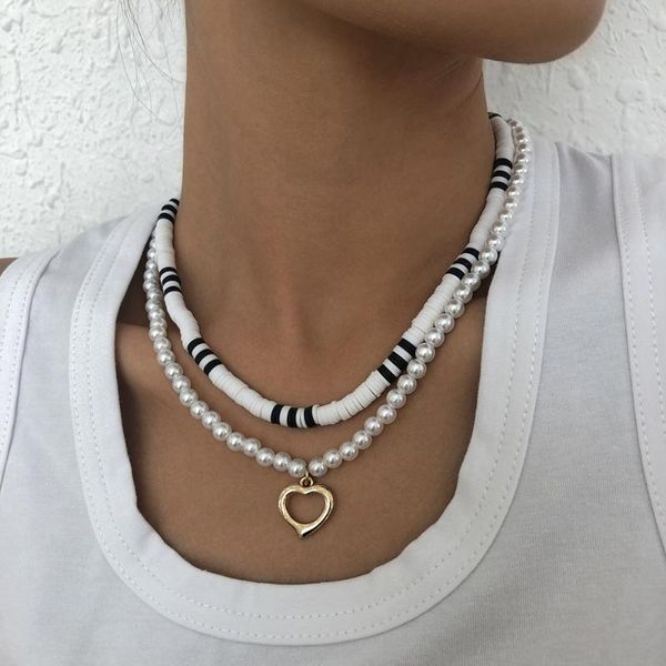 

chokers baroque simple white black soft ceramic geometric imitation pearl love heart pendant necklace for women girls jewelry gifts, Golden;silver