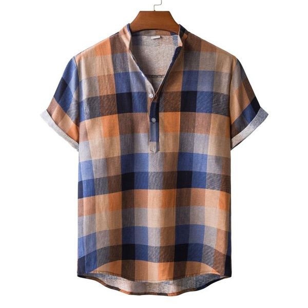 

men casual short sleeve plaid printing cotton linen shirts summer stand collar pullover loose oversized 2021 men's, White;black