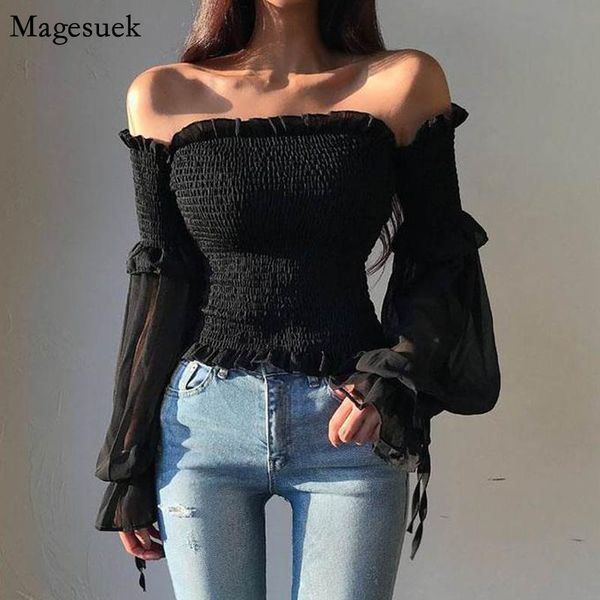 

women's blouses & shirts summer pleated blouse women off shoulder slim solid ladies corset spring puff sleeve lace up casual shirt, White
