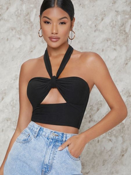 

cutout self-tie halter crop w7a4#, White