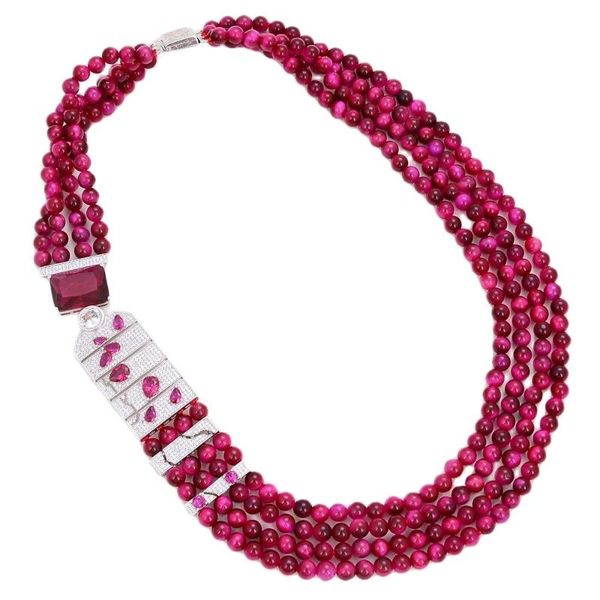 

chains jk 20" round natural rose red tiger's-eye necklace cz pave connector, Silver